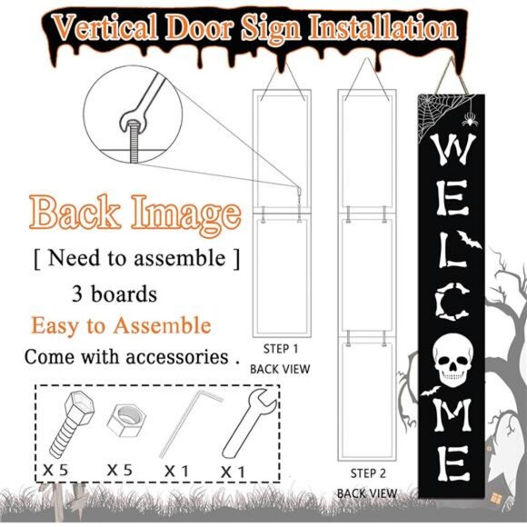 Halloween Welcome Sign Skull Front Door Hanging Decor Wooden Vertical Indoor - Picture 2 of 8